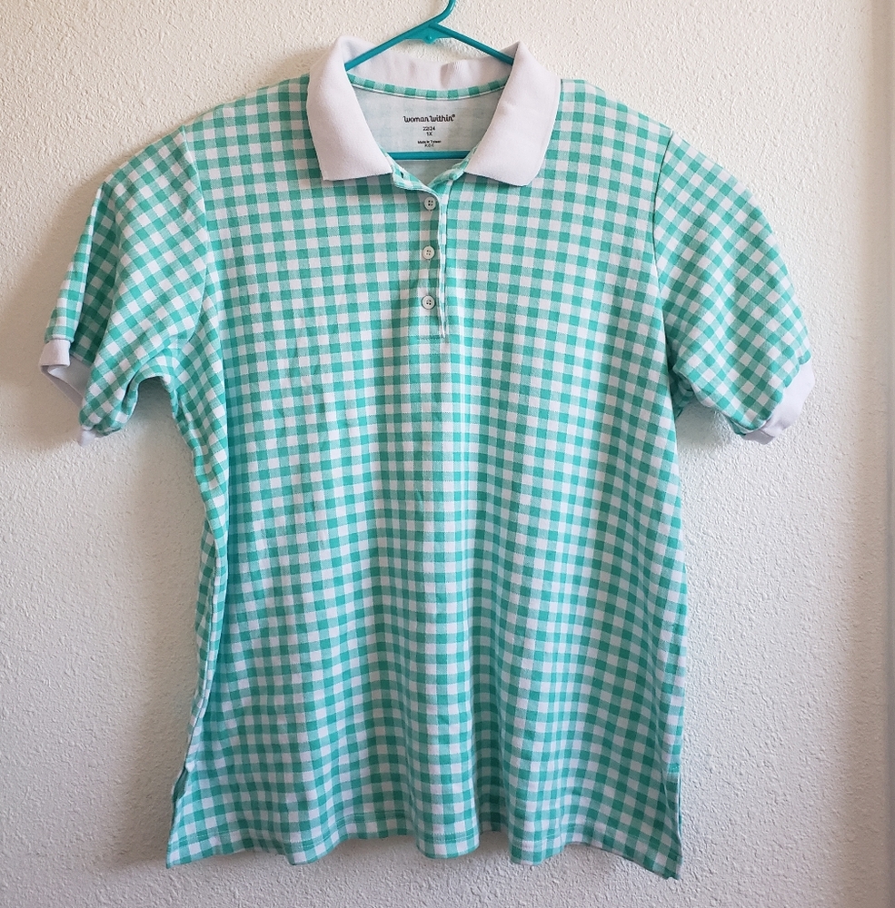Nwot Women Within Plus s 22/24  Plaid Green/white Shortsleeve Top Cotton Blend